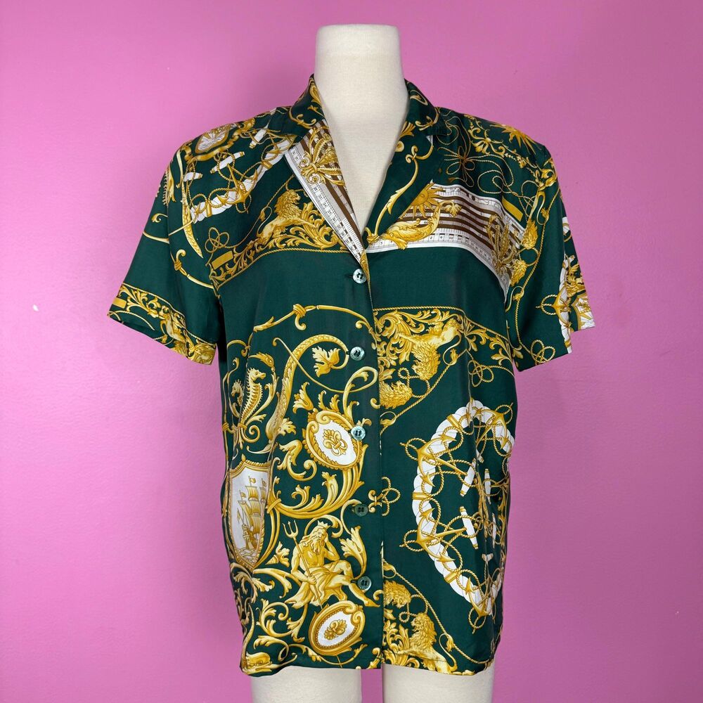 Size S | Vintage 1990s 90s Green Baroque Novelty Print Silk Button Up Blouse Top